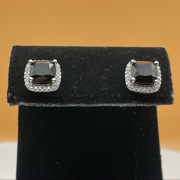 925 Sterling Silver Cushion Cut Black Onyx Diamond Halo Elegant Stud Earrings - Picture 9 of 15